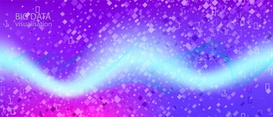Big Data Stream Vector Landing Page. Neon Tech Colorful Modern Template. Cyber Equalizer Slide. Blue Pink Purple Background. 
