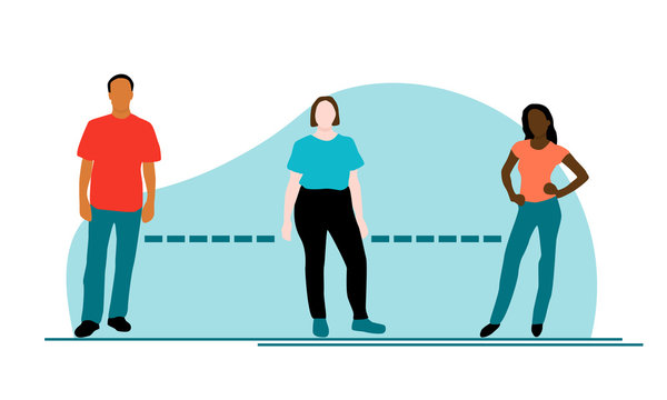 A brown man, a white plus sized woman and a black woman standing 6 feet apart to symbolize social distancing to fight coronavirus or covid-19. Diverse vector is a flat design with teal blob background