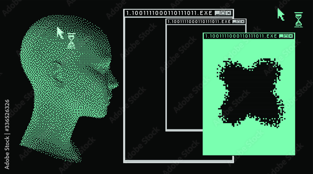 Poster cyberpunk futuristic collage with glitch art artifacts and wireframe of a human head. retrofuturisti