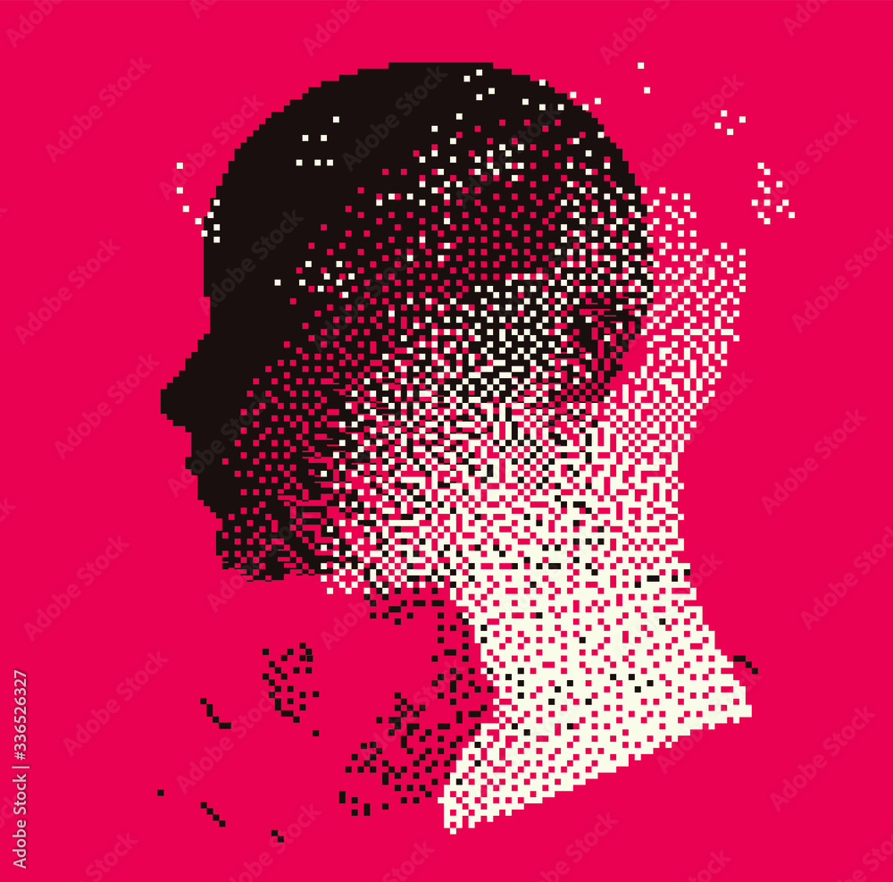 Poster Wireframe of human head made of pixels and particles. Concept for Artificial Intelligence.