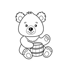 Cute cartoon bear with a keg of honey for coloring page or book. Outline of little bruin isolated on white background. Childish or Easter concept. Vector 10 EPS illustration.
