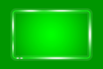 Glowing rounded rectangular neon frame, green background. Realistic vector illustration