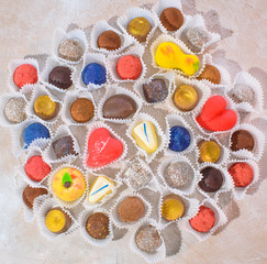 A lot of delicious multi-colored sweets. Close-up.