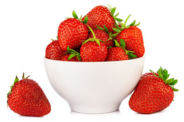 bowl with strawberries isolated on white background. Close up.