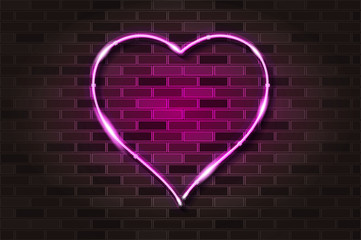 Big pink heart glowing neon sign or LED strip light on a black brick wall. Realistic vector illustration