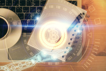 Multi exposure of crypto theme drawing and work table top veiw. Concept of blockchain technology in...