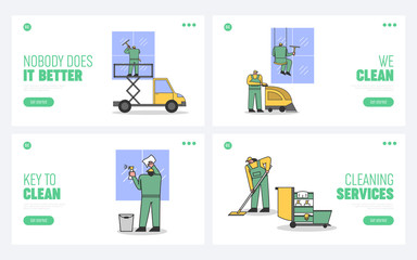 Concept Of Cleaning Service And Personnel. Website Landing Page. Characters Clean Rooms And Windows, Using High Working Truck Platform. Web Page Cartoon Linear Outline Flat Vector Illustrations Set