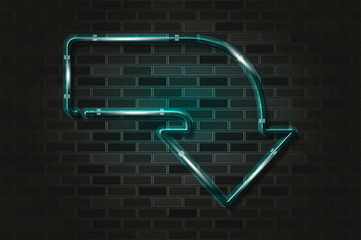 Curved down arrow, blue glowing neon sign or LED strip light on a black brick wall. Realistic vector illustration