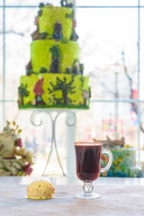 Dessert called “Lady” and mulled wine on a table in a cafe. Sweets for the guests of the cafe. Close up photo.