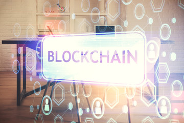 Double exposure of crypto technology theme drawing and office interior background. Concept of...