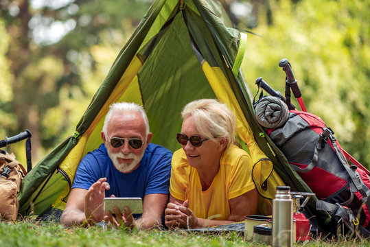 Senior couple in tent.