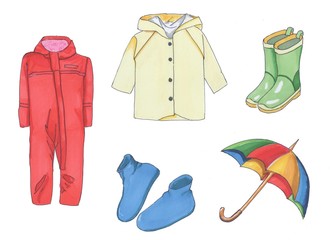 Set of protective equipment against rain, marker style.