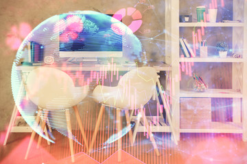 Double exposure of business theme drawing and office interior background. Concept of success