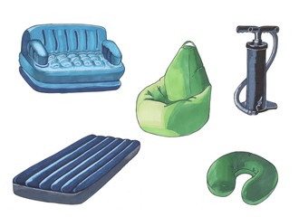 A set of inflatable furniture, marker style.