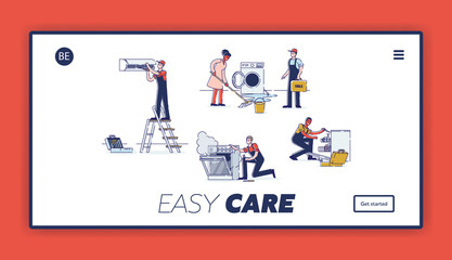 Concept Of Electric Appliances Service. Website Landing Page. Professional Workers Repairmen Fix Appliances. Technicians Repair Electronics. Web Page Cartoon Linear Outline Flat Vector Illustration