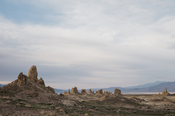 Thick clouds and tufa formations at Trona Pinnacles, California 