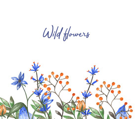 
Wild magic flowers. Watercolor frame. Blue.Orange. Contrast colors. Banner.