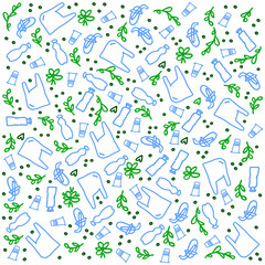 Vector Background freehand plastic waste and flowers. Shows what is happening in the world. Environmental protection, ecology. Plastic is free. Zero waste. Eco friendly. Background vector clipart