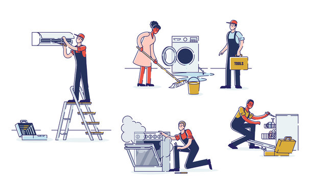 Concept Of Electric Appliances Service. Professional Workers Repairmen In Uniform Are Fixing Appliances. Technicians Are Repairing Electronics. Cartoon Linear Outline Flat Style. Vector Illustration