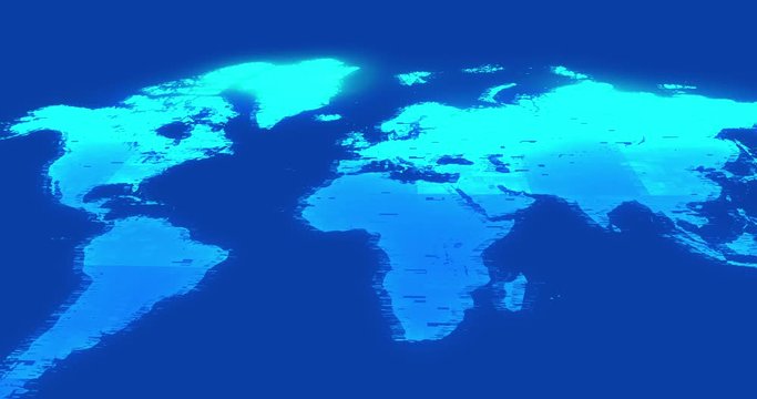 Digital World map zoom in on blue background with few digital glitch. Technology background and cyber world concept with a map of the planet. Connected risk of crisis in digital world map background