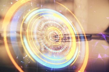 Double exposure of tech theme hologram over coffee cup background in office. Concept of technlogy