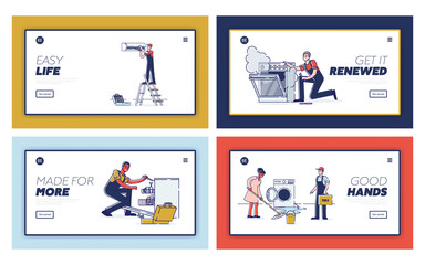 Concept Of Electric Appliances Service. Website Landing Page. Repairmen Workers Are Fixing Appliances. Repair Service Appointment. Web Page Cartoon Linear Outline Flat Style. Vector Illustrations Set