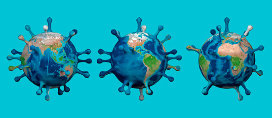 Map of the world and virus, world pandemic. Covid-19. World with the shape of Coronavirus. 3d render. Continents: Asia, America, Oceania, Africa and Europe. Universal contagion.