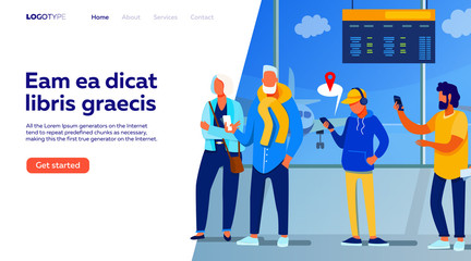 Group of passengers standing in queue to counter vector illustration. Departures board and airline transportation concept. Travelers waiting in line for plane