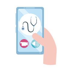 online doctor, hand with smartphone app consultant medical covid 19, flat style icon