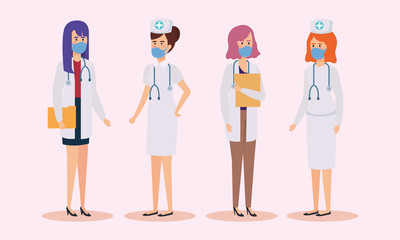 group of doctors and nurses with face mask vector illustration design