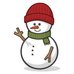 Cute vector snowman character with a red hat and a green scarf waving his arm and smiling. Isolated on white.