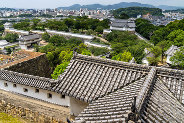 Scenic panoramic view of Himeji Castle, the finest surviving example of prototypical Japanese...