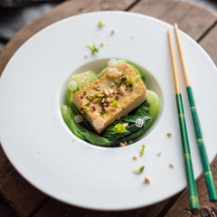 Spicy Fried Tofu with Steamed Bok Choy
