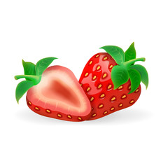 Realistic 3d vector isolated, whole strawberry and slice of strawberry Vector illustration for decorative poster, logo natural product, farmers market. Website page and mobile app design.