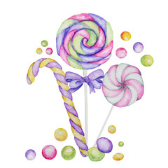 Lollipops bright colors on white background. Watercolor hand drawn candies illustration for menu design, cards, poster, baner, invitations. Bright colors candy set.