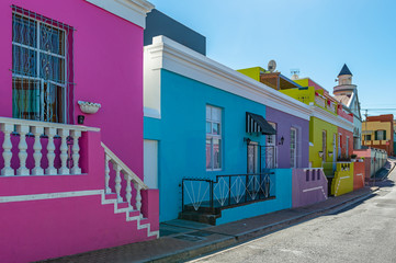 Colorful street view of the Malay quarter of Bo Kaap with its traditional architecture, Cape Town,...