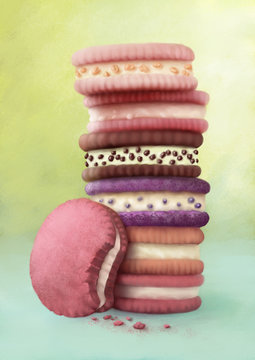 Multicolored macaroons on a green background. Sweet and colorful