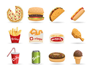 Vector set of food cartoon food icons isolated on white. Includes a pizza, a burger, a taco, a hotdog, french fries, onion rings, chicken nuggets, a chicken drumstick, a soft drink, a cola can.