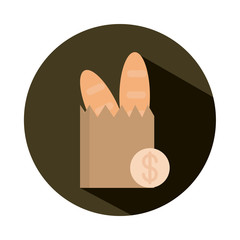 bakery bread in grocery bag money, rising food prices, block style icon