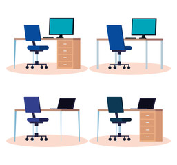 set of workplaces with desks and chairs vector illustration design