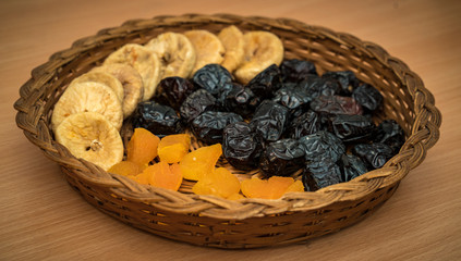 Ramadan food and drinks concept. Dates fruit in a bowl on wooden table background.