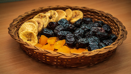 Ramadan food and drinks concept. Dates fruit in a bowl on wooden table background.