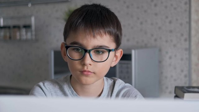 Portrait. Schoolboy doing homework using laptop while sitting at home in the kitchen at the table.