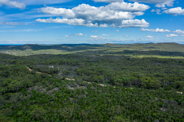 Aerial view of hills and forest