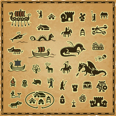 Vector collection of medieval, viking and fantasy map icons on a worn parchment background with a frame. Includes: ships, warriors, castle, dragons, skeleton, knight, magician, tower, dungeon, ogre. © Fantasy Maps