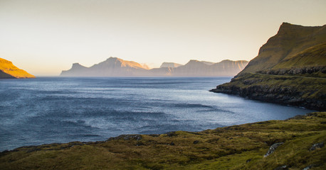 Landscape scene of Faroe Islands while sunset