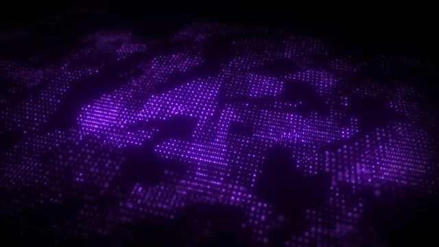 Flowing glowing bright particles on surface. Fractal motion background. Grid, mesh of dots seamless loop animation