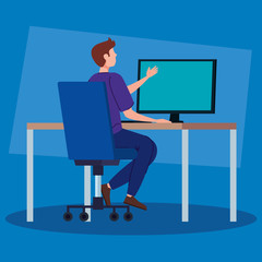 man working in telecommuting with desk and computer vector illustration design