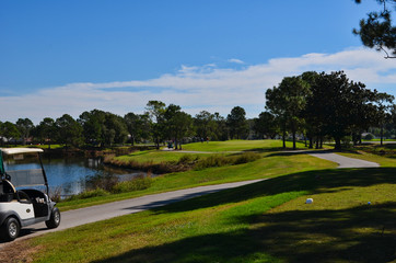 View of Golf Course Dogleg Hole with Side Lake and Forest from Tee with Golf Cart