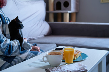Girl having breakfast at home with her cat